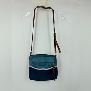 Fossil Blue Pebbled Leather Crossbody Bag White Stripe Gold Key Charm